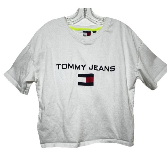 Vintage Tommy Jeans T-Shirt White Spell Out Flag Size‎ Medium Y2K Hip Hop Logo - Picture 4 of 7